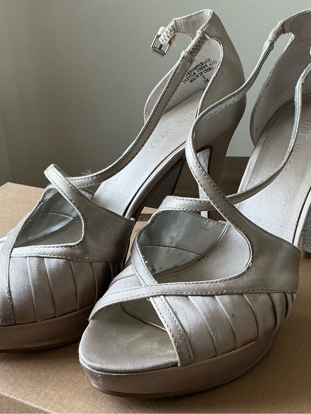 Nine West Open-Toe Cross-Strap Platform Heels in Light Taupe